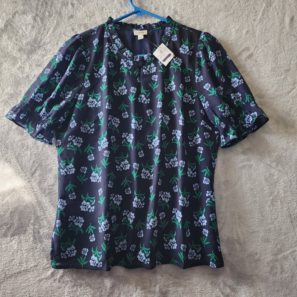 J.Crew Top Womens Size Medium Ruffle Neck Floral Blouse Antique Navy Blue NWT